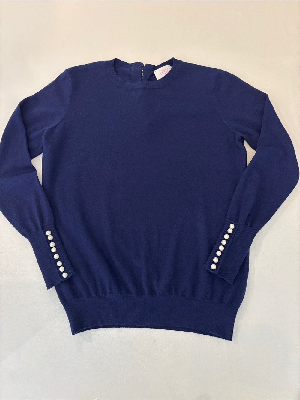 Savida Womo Crewneck Navy Sweater with white Pearl buttons Detail. Medium